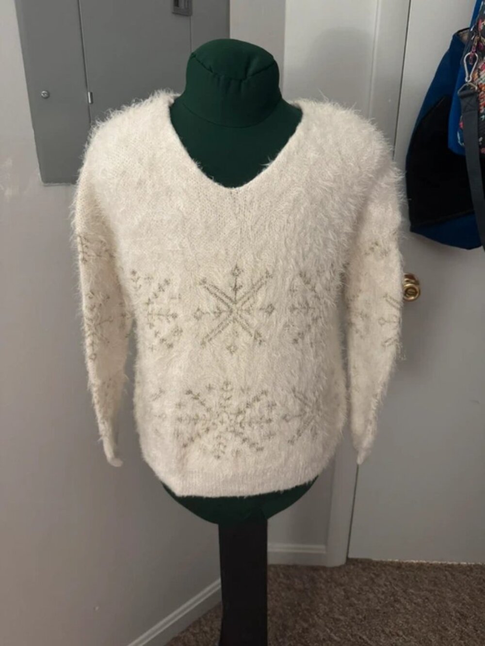 Fuzzy white Sweater with Subtle Snowflake Design